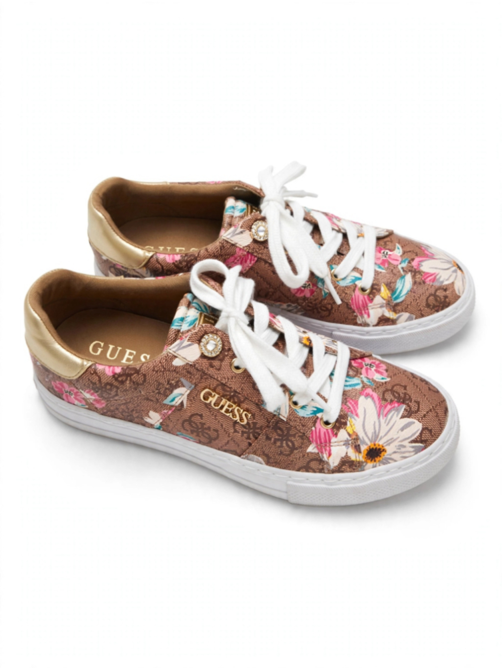 Women's Guess Floral Logo Print Sneakers Brown Gold Size 7